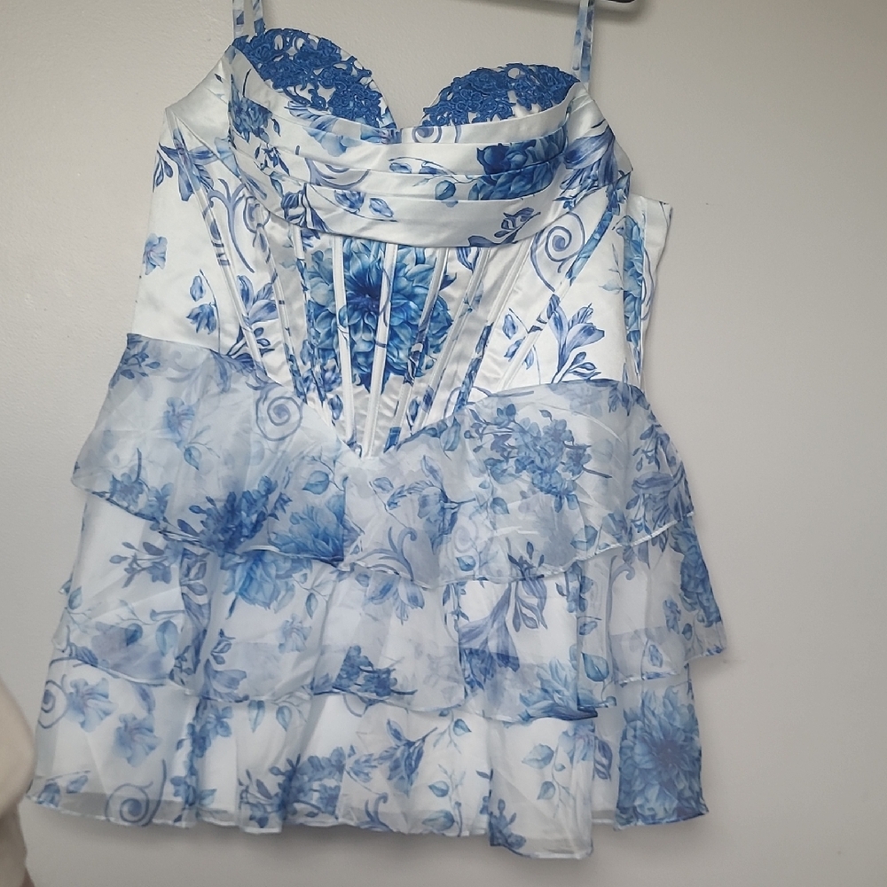 Floral Blue and White Homecoming Fancy Dress